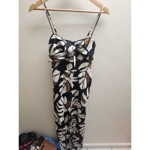 Audrey Parks Black White Brown Leaf Print Tie Front‎ Jumpsuit Size S